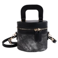 Borsa a secchiello bicolore in tessuto grigio testurizzato con manici in pelle nera - Nero
