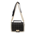 Classic black tweed shoulder bag with elegant pearl trim and gold chain strap - Black