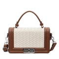Chic quilted beige woven crossbody bag with brown faux leather trim and silver clasp - White Brown