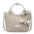 Stroh-Handtasche mit weißem Kunstlederbesatz und dekorativem Tulpen-Perlenanhänger - Weiß Mit Anhänger