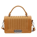 Quilted crossbody bag in mustard yellow featuring a woven texture and silver metal lock - Tan