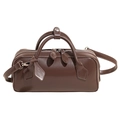Minimalist chocolate brown faux leather boston handbag with silver zipper and double handles - Brown