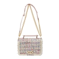 Pink tweed crossbody bag with white pearl trim and gold chain strap for women - Pink