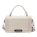 Elegant cream quilted shoulder bag with woven texture and silver metal clasp detail - White