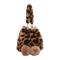 Borsa a secchiello in peluche leopardato con coulisse e pompon marroni decorativi - Marrone