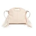Close-up of the cream PU leather tote showing its matte texture and stylish side fringe detail - White