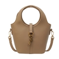Classic camel lychee grain leather bucket bag with metal ring handle and adjustable strap - Khaki