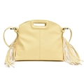 Close-up of yellow PU leather tote with long side tassels and cutout integrated handles - Yellow