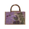 Borsa in juta con ricamo floreale di paillettes viola e manico in bambù naturale - Viola