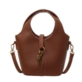 Minimalist retro dark brown pebbled leather bucket bag with bronze ring and knot detail - Brown