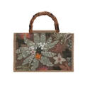 Borsa tote in juta ricamata con manici in bambù naturale e dettagli floreali con paillettes - Verde
