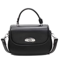 Minimalist black leather saddle bag with silver oval metal clasp and top handle strap - Black