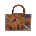 Borsa tote in iuta con paillettes floreali arancioni e manici in bambù naturale stile vintage - Giallo