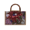 Borsa tote in juta con fiori di paillettes colorati e un manico in bambù naturale - Rosso