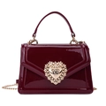 Retro wine red patent leather shoulder bag with golden heart pearl ornament - Burgundy