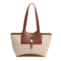 Borsa tote in tela e pelle marrone con fibbia in metallo e stile francese minimalista - Marrone (Crema/Marrone Patchwork)