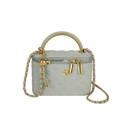 Light grey-blue quilted chain handbag with golden metal handle and floral charms - Light Green