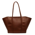 Vintage brown leather tote bag with FASHION embossed logo and white contrast stitching - Brown