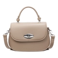 Minimalist khaki leather saddle bag with silver twist lock and adjustable strap - Khaki
