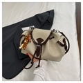 Chic beige canvas shoulder bag with brown leather trim and colorful ethnic beads - With Pendant / White