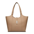 Close-up of litchi pattern leather tote bag with silver metal twist lock closure - Khaki
