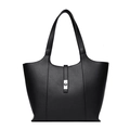 Detailed view of black litchi pattern leather tote bag with silver metal swivel lock - Black
