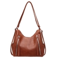 Brown vintage style large capacity shoulder bag with tassels and metallic zippers - Brown