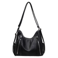 Versatile black PU leather crossbody bag with silver zippers and adjustable straps - Black