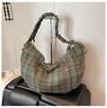 Chic green and brown plaid hobo shoulder bag with a unique ruched drawstring handle detail - Green Brown Plaid
