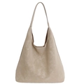 Borsa tote minimalista in pelle scamosciata color albicocca con logo su fondo bianco - Cachi