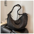 Dark grey plaid ruched shoulder bag with crescent shape and drawstring details - Black Grey Plaid