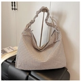Brown checkered drawstring cloud bag with ruched shoulder strap for a vintage casual look - Khaki Grid
