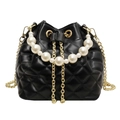 Black quilted bucket bag with pearl handle and gold chain strap for women - Black