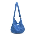 Electric blue wool hobo handbag with soft plush texture and knotted shoulder strap - Blue