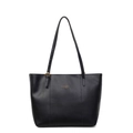 Fashionable black leather tote bag with large capacity and gold buckles for women - Black