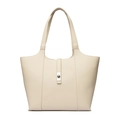Chic beige lychee pattern leather tote bag with silver twist lock and minimalist design - Beige