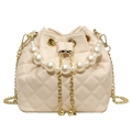Quilted off-white bucket bag with pearl handle and golden chain strap in luxury style - Off White
