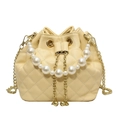 Quilted light yellow bucket bag with pearl handle and golden chain strap for women - Light Yellow