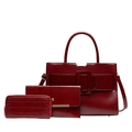 Three-piece set of wine red tote bags with crocodile texture and large square buckle decoration - Burgundy