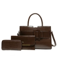3-piece dark brown retro tote bag set including handbag, clutch and embossed wallet - Brown