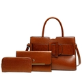 Three-piece set of red-brown tote bag, clutch, and wallet in textured vegan leather - Brown