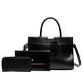 Black 3-piece tote bag set with envelope clutch and long zipper wallet in glossy leather - Black