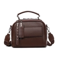 Dark brown lychee texture leather handbag with silver rivets and wide strap - Brown