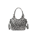 Glossy black and white leopard print bucket bag with round handles and strap hooks - White