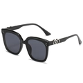 Square oversized black sunglasses with silver double-ring detail and dark grey lenses - Black Frame / Black Lens