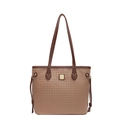 Borsa tote intrecciata color marrone chiaro con fibbia dorata e tracolle sottili - Cachi
