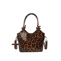 Leopard print bucket bag in glossy finish with knotted handles and crossbody strap - Coffee