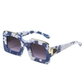 Blue and white tie-dye square frame sunglasses with gradient grey lenses and gold accents - Regular / Blue Pattern Frame Double Grey Lens