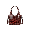 Fashionable red and black leopard print bucket bag with glossy finish and knotted handle - Red