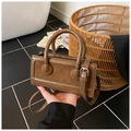 Brown rectangular pillow bag in glossy patent leather and matte suede finish with handle - Brown
